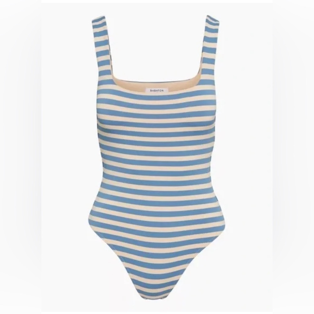 Babaton Blue and Cream Striped Square Neck Bodysuit